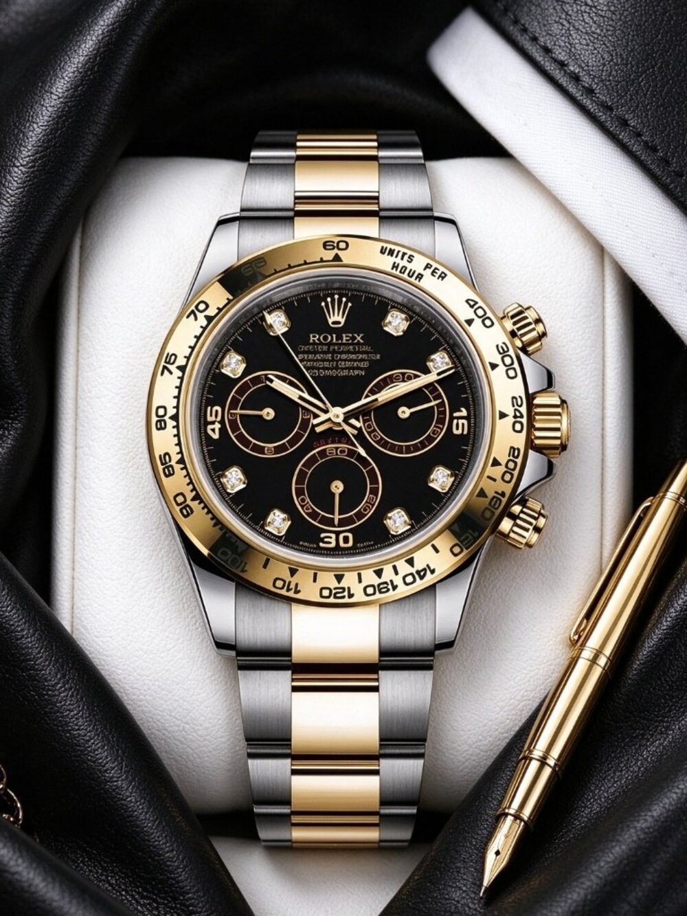 Rolex Daytona Rolesor Black Diamond Dial Chronograph Oyster Bracelet Watch